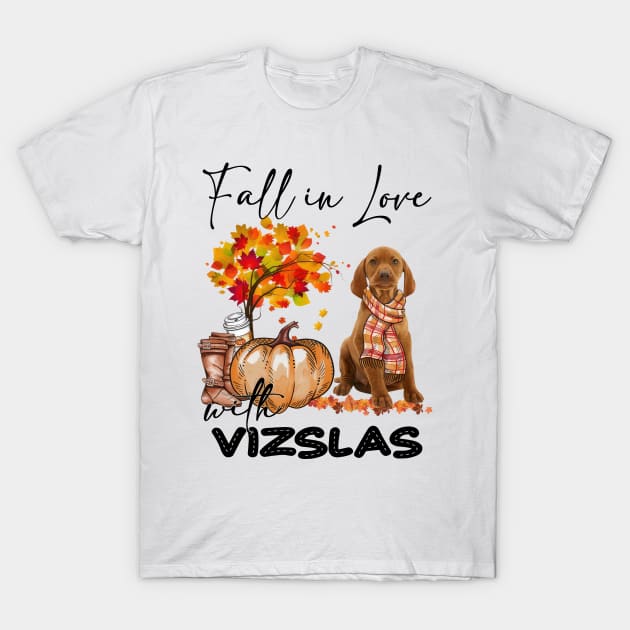 Fall In Love With Vizslas Fall Pumpkin Thanksgiving T-Shirt by Gearlds Leonia